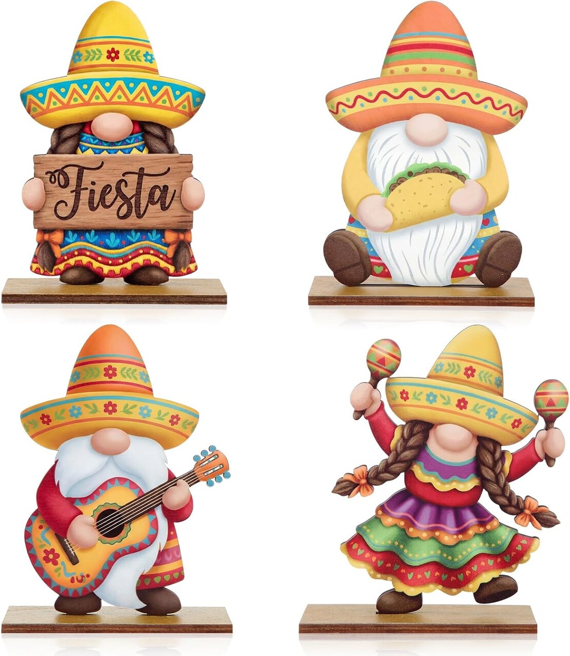 4 Pcs Cinco de Mayo Wooden Gnome Decorations – 3D Mexican Fiesta Gnomes with Sombrero, Maracas, Guitar, Taco & Fiesta Sign – Tiered Tray, Shelf & Table Decor – Perfect for Mother's Day Card Making & Fiesta Party Decorations
